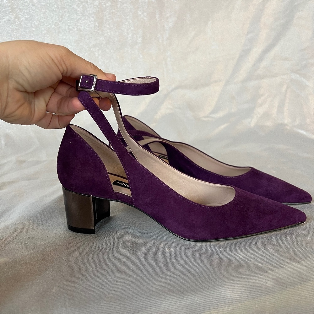 3/$20 Nine West Quataz Purple Suede and Gunmetal Finish Block Heels Size 6